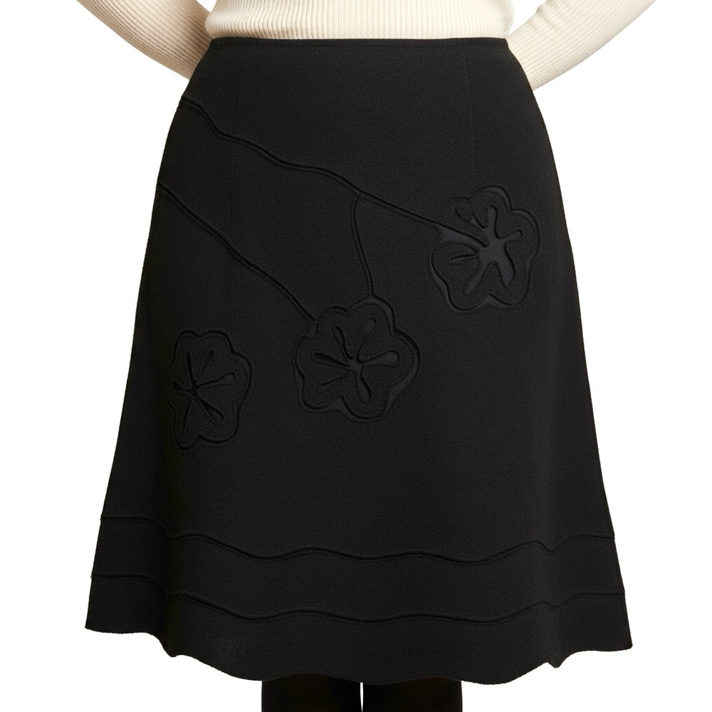 Tribal Black 100% Wool A-Line Scalloped Edge Skirt With Floral Cut Outs Size 16